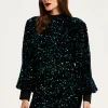 Women's Mini Dress in Black Velvet with Green and Blue Sequins, Long Sleeves, Stylish Open Back - Liquorish