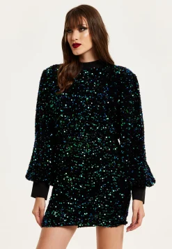 Women's Mini Dress in Black Velvet with Green and Blue Sequins, Long Sleeves, Stylish Open Back - Liquorish