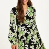 Women's Mini Dress in Black with Long Sleeves and Green Floral Print Wrap Style - Liquorish