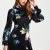 Women’s Mini Dress in Black with Long Balloon Sleeves and Floral Print Elegance by Liquorish