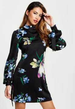 Women’s Mini Dress in Black with Long Balloon Sleeves and Floral Print Elegance by Liquorish
