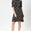Women's Mini Dress in Black with Floral Print and Short Sleeves, Elegant Frill Details, Perfect for Any Occasion - Liquorish