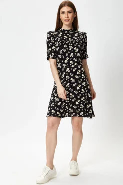 Women's Mini Dress in Black with Floral Print and Short Sleeves, Elegant Frill Details, Perfect for Any Occasion - Liquorish