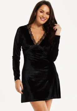 Women's Mini Dress in Black Velvet with Long Sleeves and Lace Details - Regular Fit by Liquorish
