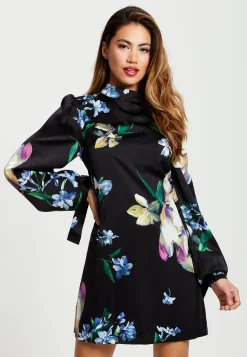 Women’s Mini Dress in Black with Long Balloon Sleeves and Floral Print Elegance by Liquorish