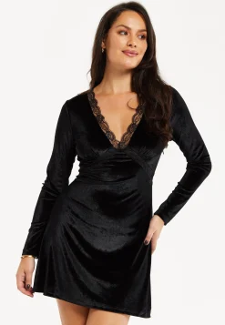 Women's Mini Dress in Black Velvet with Long Sleeves and Lace Details - Regular Fit by Liquorish