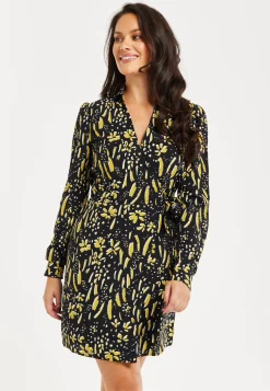 Women's Mini Dress in Black & Yellow with Long Flared Sleeves, Collar Tie-Side Detail - Liquorish