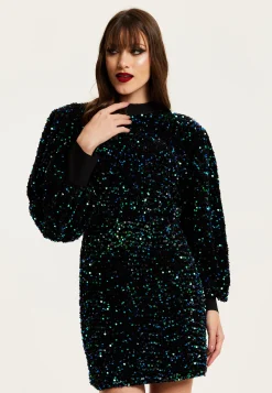 Women's Mini Dress in Black Velvet with Green and Blue Sequins, Long Sleeves, Stylish Open Back - Liquorish