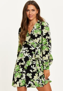 Women's Mini Dress in Black with Long Sleeves and Green Floral Print Wrap Style - Liquorish