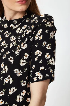 Women's Mini Dress in Black with Floral Print and Short Sleeves, Elegant Frill Details, Perfect for Any Occasion - Liquorish