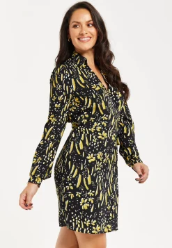 Women's Mini Dress in Black & Yellow with Long Flared Sleeves, Collar Tie-Side Detail - Liquorish