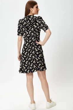 Women's Mini Dress in Black with Floral Print and Short Sleeves, Elegant Frill Details, Perfect for Any Occasion - Liquorish