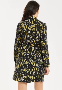 Women's Mini Dress in Black & Yellow with Long Flared Sleeves, Collar Tie-Side Detail - Liquorish