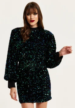 Women's Mini Dress in Black Velvet with Green and Blue Sequins, Long Sleeves, Stylish Open Back - Liquorish