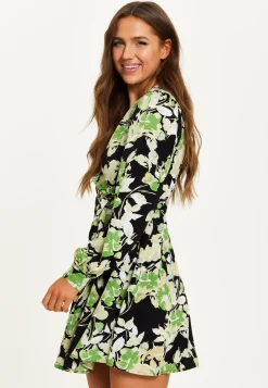 Women's Mini Dress in Black with Long Sleeves and Green Floral Print Wrap Style - Liquorish