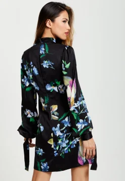 Women’s Mini Dress in Black with Long Balloon Sleeves and Floral Print Elegance by Liquorish