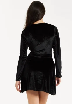 Women's Mini Dress in Black Velvet with Long Sleeves and Lace Details - Regular Fit by Liquorish