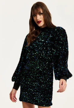 Women's Mini Dress in Black Velvet with Green and Blue Sequins, Long Sleeves, Stylish Open Back - Liquorish