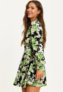 Women's Mini Dress in Black with Long Sleeves and Green Floral Print Wrap Style - Liquorish