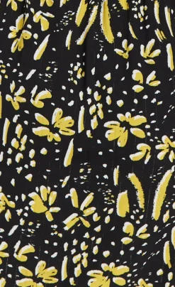 Women's Mini Dress in Black & Yellow with Long Flared Sleeves, Collar Tie-Side Detail - Liquorish