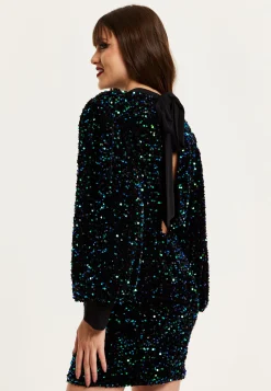 Women's Mini Dress in Black Velvet with Green and Blue Sequins, Long Sleeves, Stylish Open Back - Liquorish