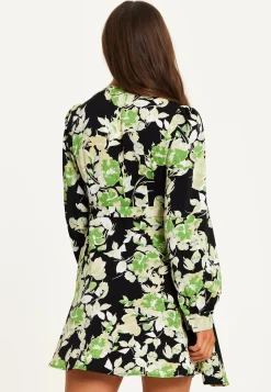 Women's Mini Dress in Black with Long Sleeves and Green Floral Print Wrap Style - Liquorish