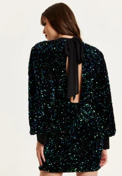 Women's Mini Dress in Black Velvet with Green and Blue Sequins, Long Sleeves, Stylish Open Back - Liquorish