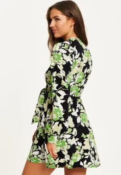 Women's Mini Dress in Black with Long Sleeves and Green Floral Print Wrap Style - Liquorish