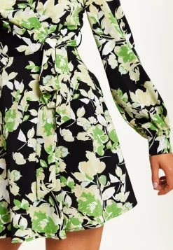 Women's Mini Dress in Black with Long Sleeves and Green Floral Print Wrap Style - Liquorish