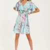 Women's Mini Dress in Blue with Short Sleeves, Abstract Print Wrap Style, Elegant Tie Waist - Liquorish