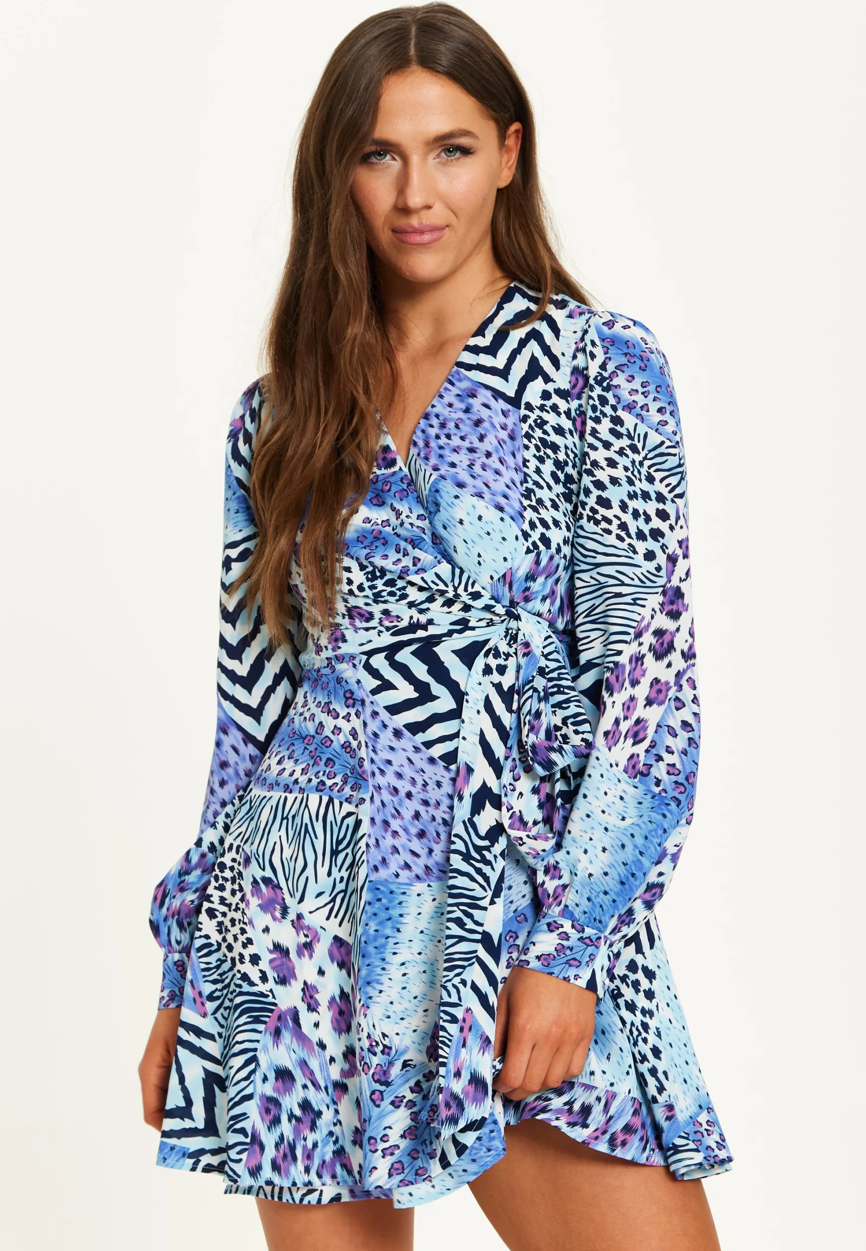 Women's Mini Dress in Blue with Long Sleeves and Mixed Animal Print Wrap Design - Liquorish