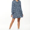 Women's Mini Dress in Blue with Balloon Sleeves and Peter Pan Collar - Floral Print Smock Design by Liquorish