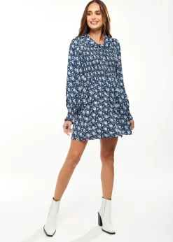 Women's Mini Dress in Blue with Balloon Sleeves and Peter Pan Collar - Floral Print Smock Design by Liquorish