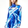 Women's Mini Dress in Blue, White & Pink with High Neck, Full-Length Sleeves, and Cut-out Detail - Liquorish