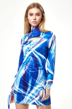 Women's Mini Dress in Blue, White & Pink with High Neck, Full-Length Sleeves, and Cut-out Detail - Liquorish