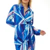 Women's Mini Dress in Blue with Long Sleeves and Unique Marble Print - Liquorish