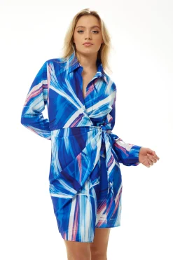 Women's Mini Dress in Blue with Long Sleeves and Unique Marble Print - Liquorish