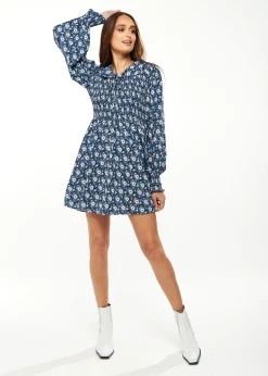 Women's Mini Dress in Blue with Balloon Sleeves and Peter Pan Collar - Floral Print Smock Design by Liquorish