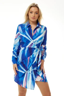 Women's Mini Dress in Blue with Long Sleeves and Unique Marble Print - Liquorish