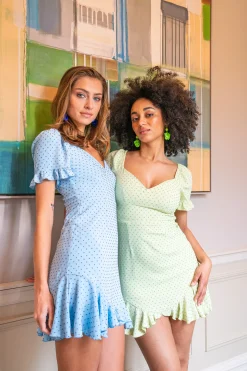 Women's Mini Dress in Blue with Polka Dot Print and Frill Detail