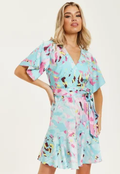 Women's Mini Dress in Blue with Short Sleeves, Abstract Print Wrap Style, Elegant Tie Waist - Liquorish