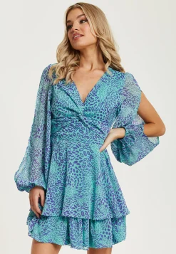 Women's Mini Dress in Blue with Long Sleeves and Knot Front Detail - Stunning Leopard Print by Liquorish