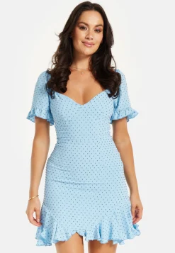 Women's Mini Dress in Blue with Polka Dot Print and Frill Detail