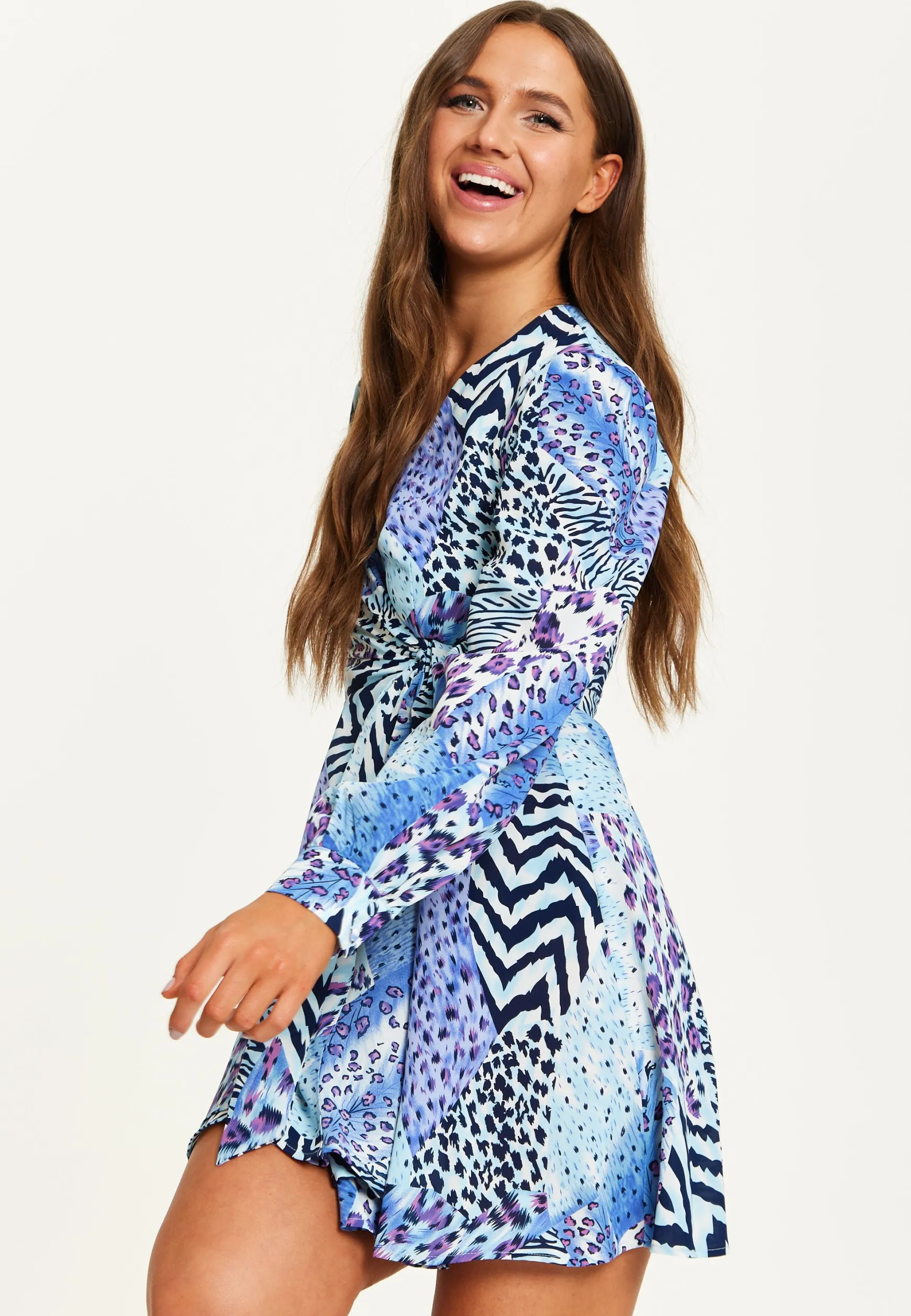 Women's Mini Dress in Blue with Long Sleeves and Mixed Animal Print Wrap Design - Liquorish