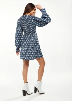 Women's Mini Dress in Blue with Balloon Sleeves and Peter Pan Collar - Floral Print Smock Design by Liquorish
