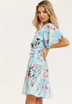 Women's Mini Dress in Blue with Short Sleeves, Abstract Print Wrap Style, Elegant Tie Waist - Liquorish