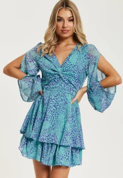 Women's Mini Dress in Blue with Long Sleeves and Knot Front Detail - Stunning Leopard Print by Liquorish