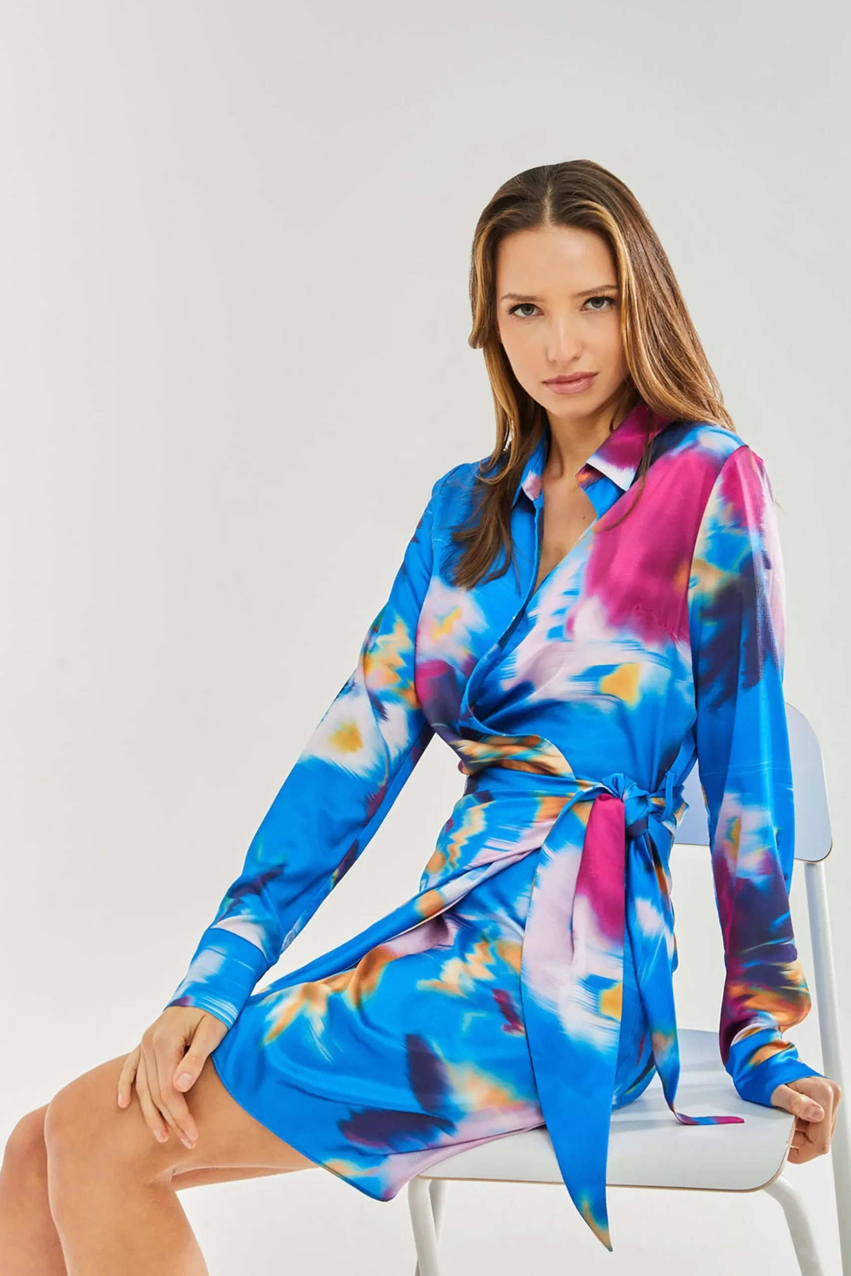 Women's Mini Dress in Blue Floral Satin with Long Sleeves and Waist Tie - Stylish Wrap Design by Liquorish