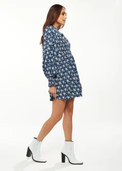 Women's Mini Dress in Blue with Balloon Sleeves and Peter Pan Collar - Floral Print Smock Design by Liquorish
