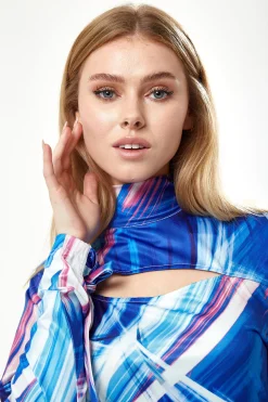 Women's Mini Dress in Blue, White & Pink with High Neck, Full-Length Sleeves, and Cut-out Detail - Liquorish